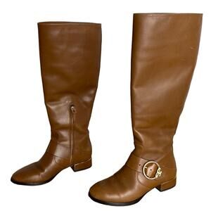 Tory Burch Brown Leather Riding Boots Size 5.5 Logo Buckle Quiet Luxury Classic